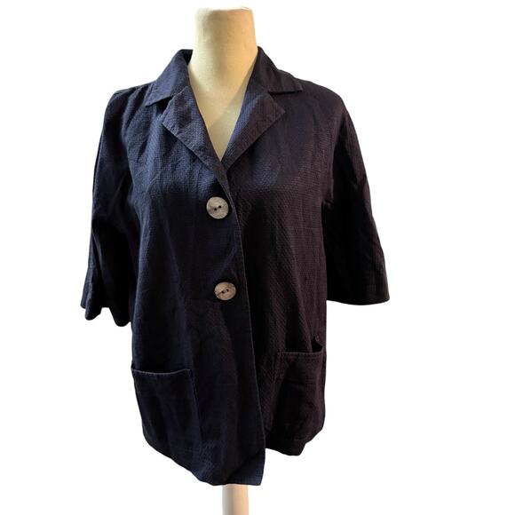 J. Jill Womens M Ink Blue Silk & Cotton Textured Jacket Two-Button Pockets - Picture 1 of 5